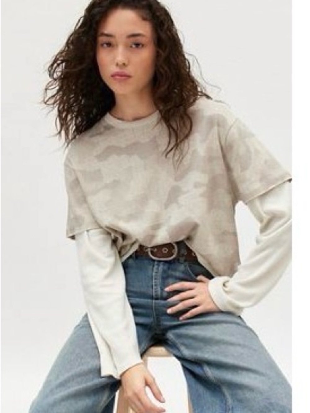 NWT BDG Urban Outfitters Beige Camo Layered Short-Sleeve Tee with Long Sleeves